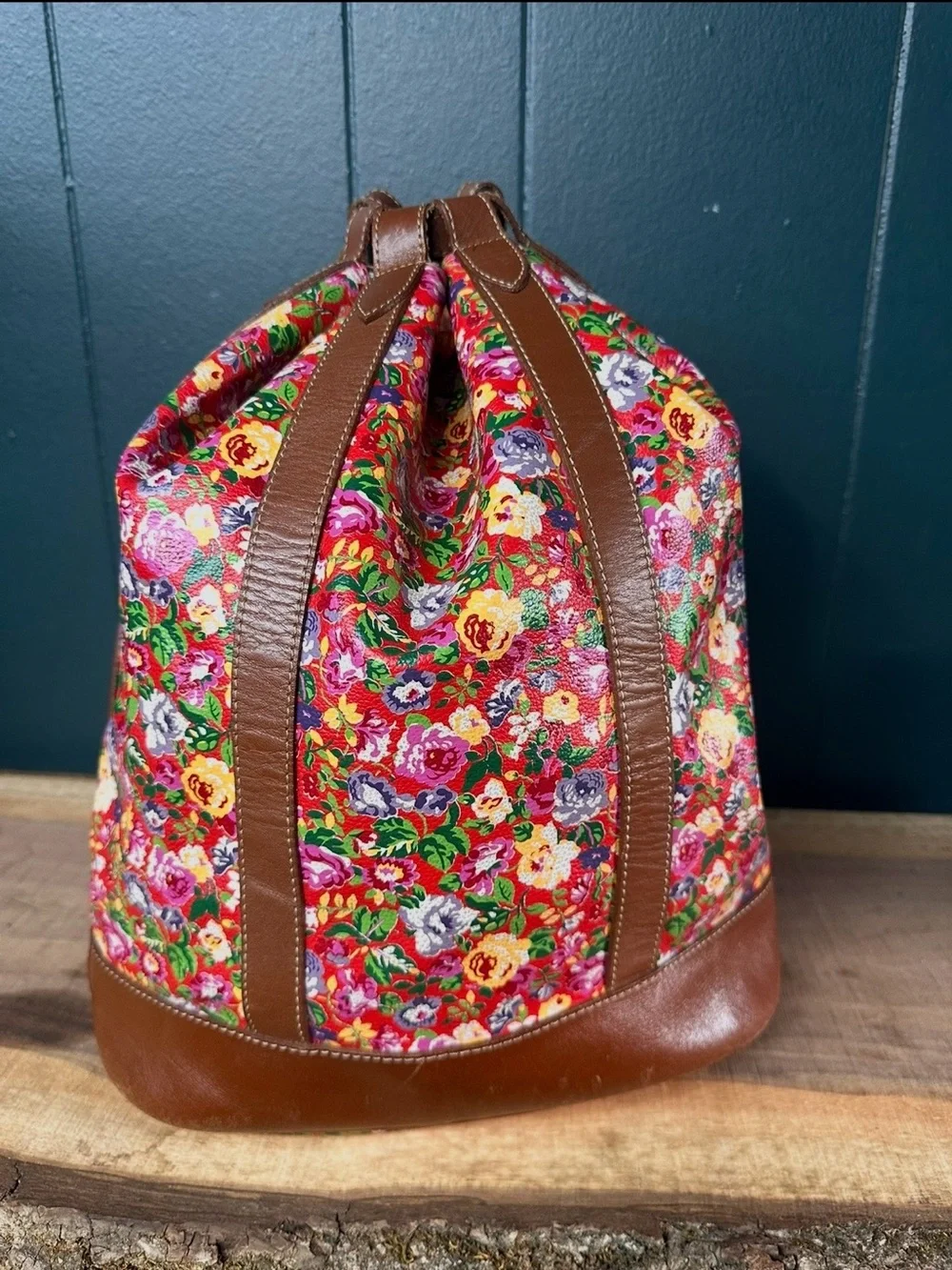 Kenzo Paris Floral Leather Backpack Vintage Drawstring Duffle Bag Tartan Lined